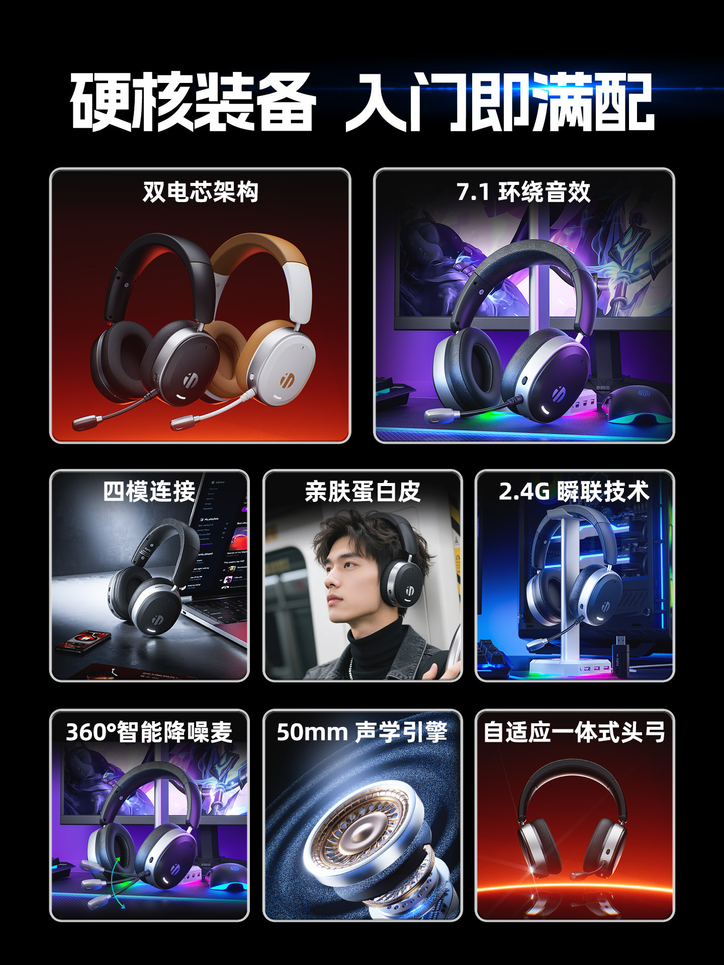 Inphic H9 Headset Bluetooth Wireless Gaming Headset Four-Mode with Microphone for Desktop Computer Wired