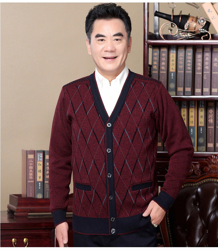 Bố mặc áo len cardigan cổ chữ V mùa xuân và kim cương 2018 cho nam trung niên áo len dài tay - Cardigan áo len nam
