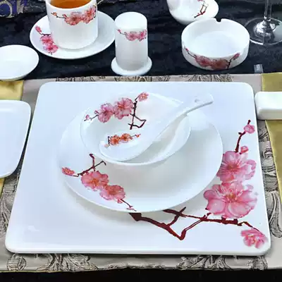 Chinese style plum blossom white porcelain hotel Bowl plate spoon bone porcelain tableware restaurant food stall hotel box set set