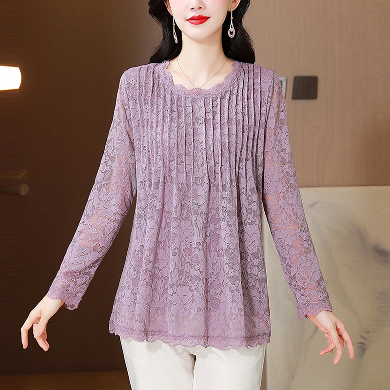 Long-Sleeved Lace Shirt for Women, New Spring Style, Fashionable and Beautiful Base Shirt for Moms, Purple Stylish Top for Outerwear