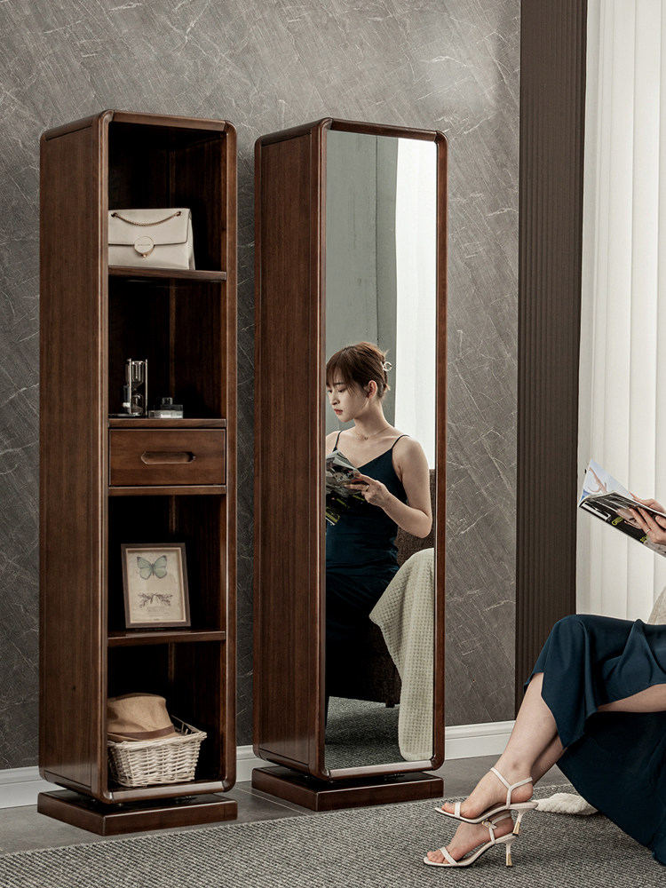 Black Walnut Dressing Mirror Simply Rotating Multi-function Storage Solid Wood Auditorium Mirror Nordic Accepts All-Body Floor Mirror