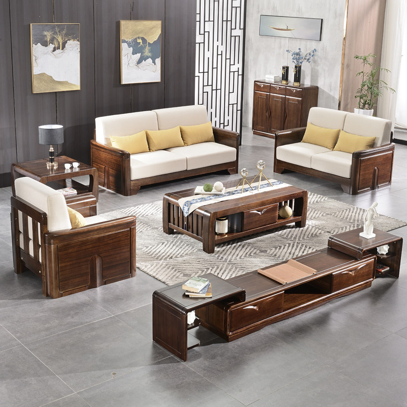New Chinese style modern minimalist black walnut three-seat combination multi-functional living room economical log double sofa