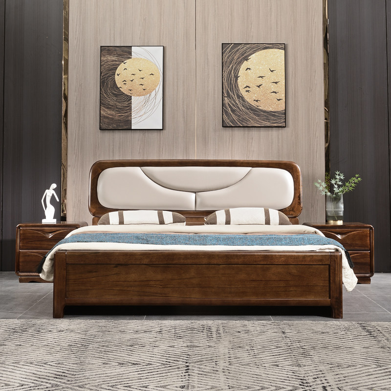New Chinese - style black walnut solid wood bed 1 meter 8 master bed double wedding bed high - box storage economy soft bag bed