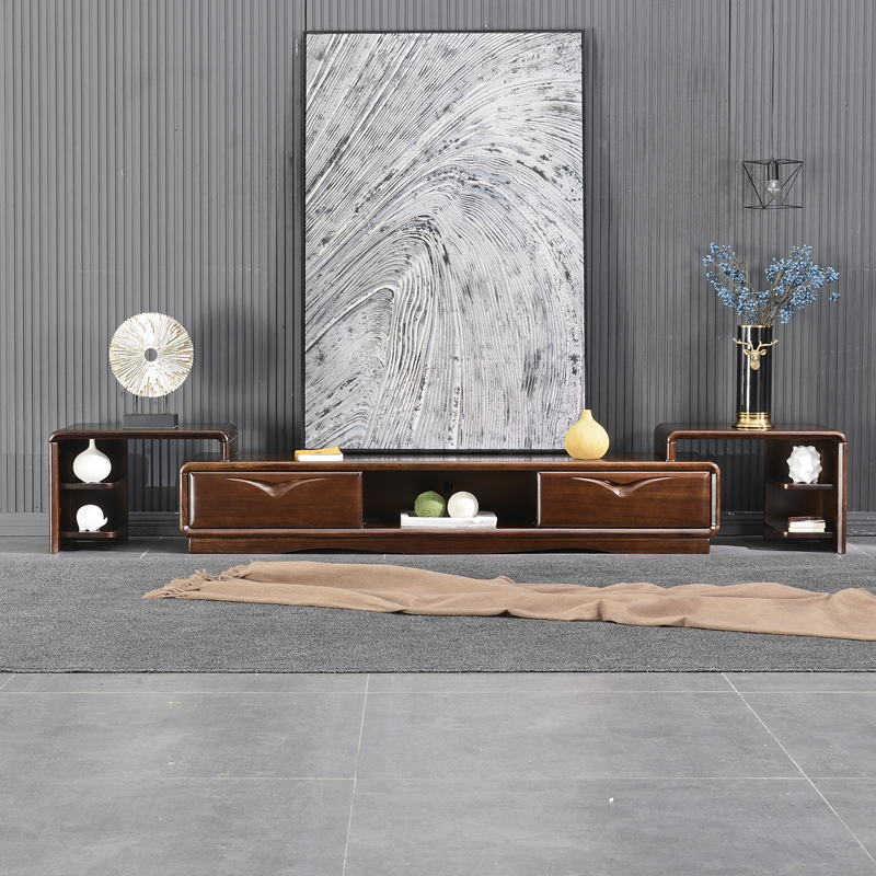 New Chinese style black walnut solid wood TV cabinet retractable simple modern Nordic economical living room combination cabinet