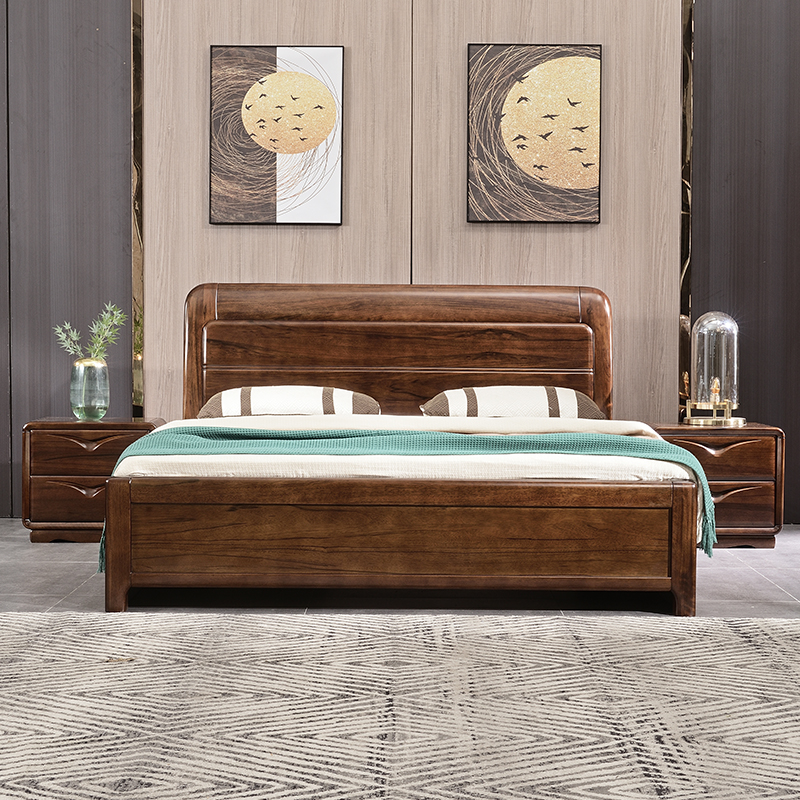New Chinese-style black walnut solid wood bed master bedroom economical log furniture high-box storage to hold air pressure wedding bed