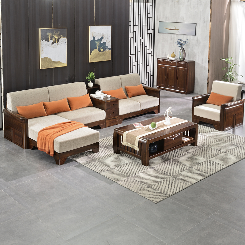 New Chinese style black walnut solid wood corner concubine sofa combination modern minimalist three-person small apartment living room