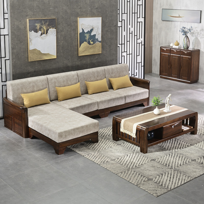 Chinese solid wood black walnut multifunctional economic fabric frame living room minimal corner of Guifei combination sofa