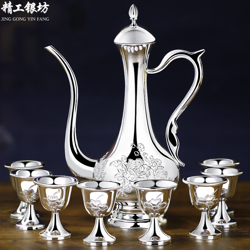 Seiko Silver Workshop Pure Silver 999 Silver Wine Set Peony Silver Wine Pot Silver Wine Glasses Silver Plate Tray for Gifting and Personal Use Seiko Silver Workshop Pure Silver 999 Silver Wine Set Peony Silver Wine Pot Silver Wine Glasses Silver Plate Tray for Gifting and Personal Use