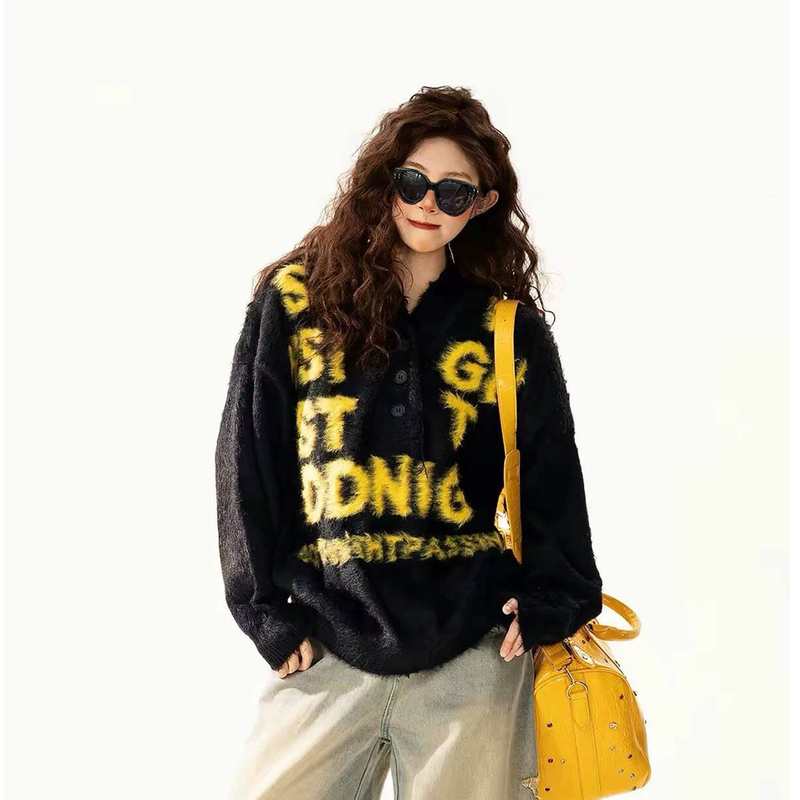 American-Style Street Letter Print Hooded Sweater for Men and Women, Loose and Soft, Versatile and Warm Knitwear, Faux Mink Coat