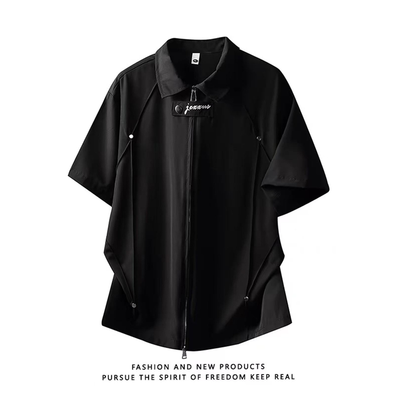 American-Style Rivet Ice Silk Quick-Drying T-Shirt for Men, Short-Sleeved Summer Zip-Up Cardigan with a Stylish Design, Regular Shoulder Fit, Couple's Shirt Jacket