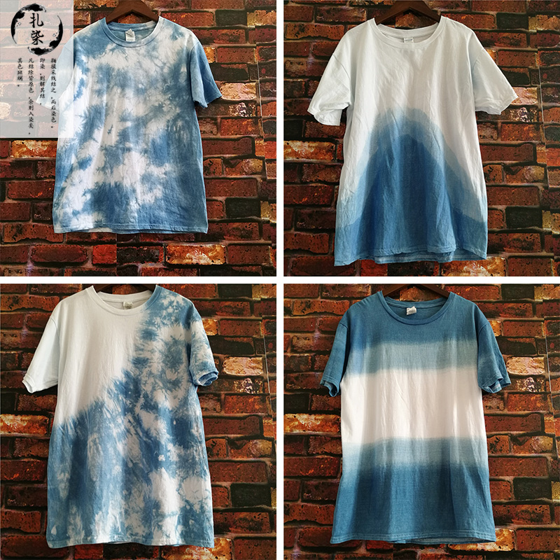 Yunnan tie-dye clothes Dali Bai handmade T-shirt long sleeves custom plant blue dye cotton round neck men and women short sleeves