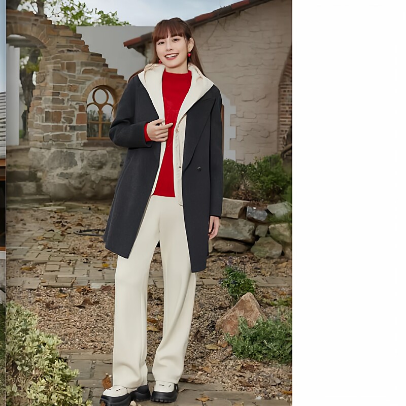 Umisky Xk4E2205 Winter Stylish Lace-Up Waist-Cinching Woolen Coat Mid-Length Jacket