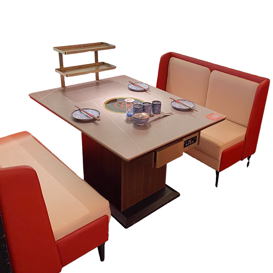 슬레이트 대리석 냄비 테이블 상업용 유도 밥솥 통합 가스 스토브 무연 바베큐 상점 테이블과 의자 조합을 사용자 정의 할 수 있습니다