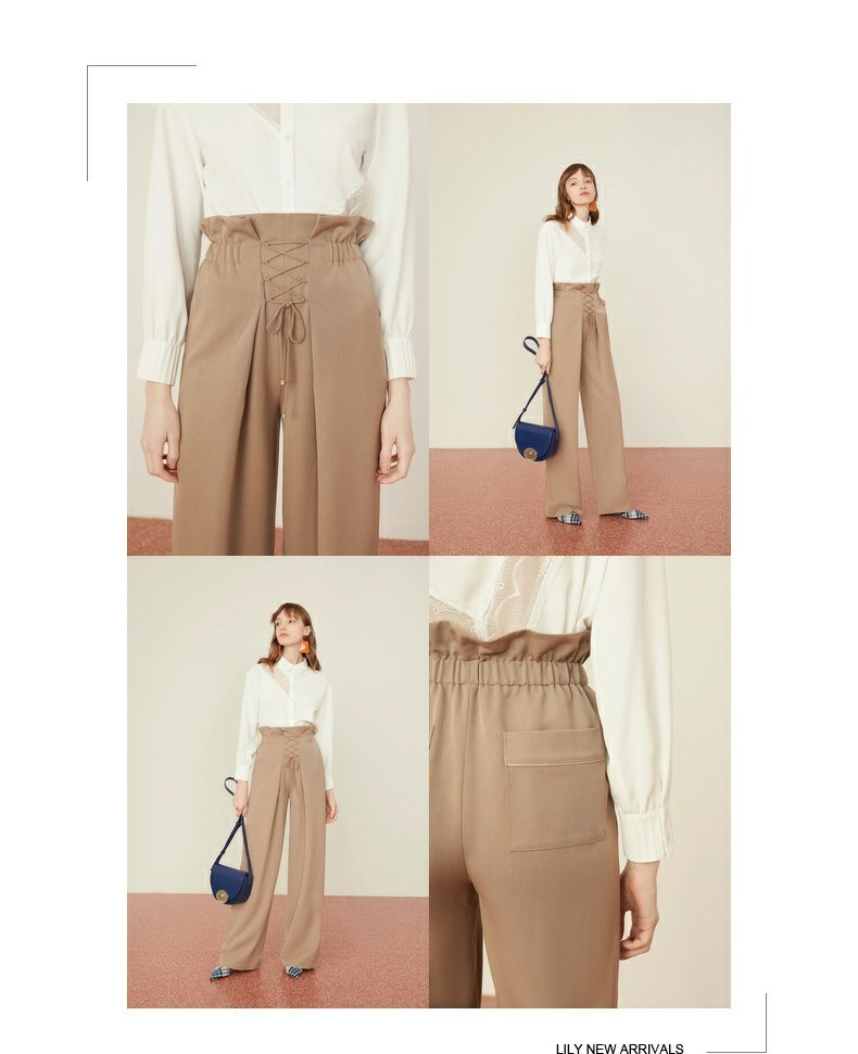 Lily2019 mùa xuân mới kinh doanh của phụ nữ đi làm rắn màu cao dây thắt lưng quần ống rộng quần 119100C5257 - Cộng với kích thước quần áo quần lửng nữ