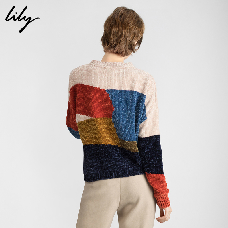 Lily 2019 Winter New Simple Geometric Màu Thiết kế Loose Shoulder Sleeve Vòng cổ áo len nữ 11429B8E31