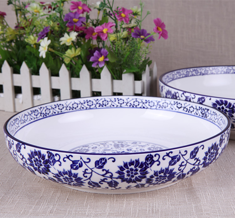 Green Flower Porcelain Hotel Ceramics Large Bowl Shallow Bowl Water Cooking Fish Bowl Fish Head Bubble Cake Bowl Chopped Pepper Fish Head Dish Soup Bowl Fish Dish