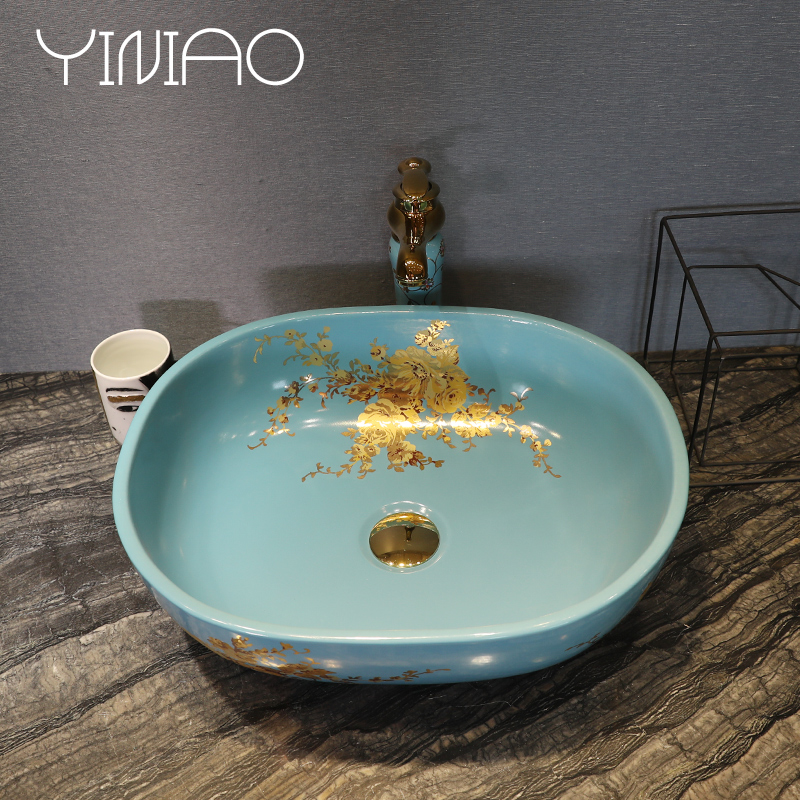 M letters birds on the ceramic art basin blue lavatory basin rural toilet lavabo square shape of the basin that wash a face