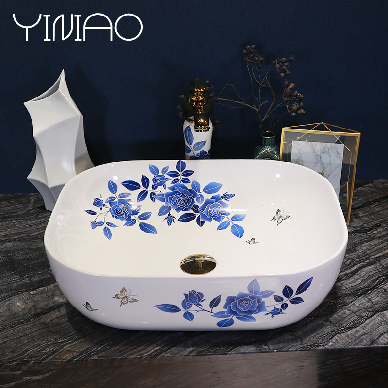 Simple fashion stage basin ceramic lavabo blue roses lavatory oval face basin bathroom art basin