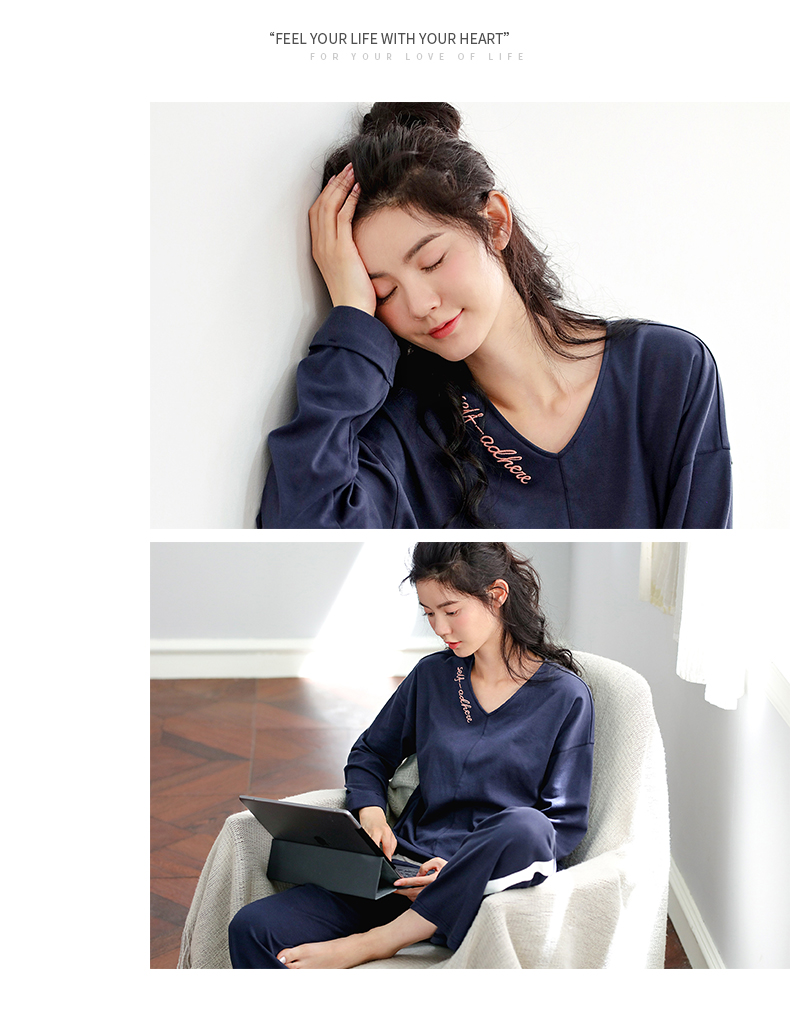 Bộ đồ ngủ Jing Yun của phụ nữ mùa thu phù hợp với quần áo cotton dài tay tại nhà Phiên bản Hàn Quốc của cổ chữ V có thể mặc đồ mỏng phục vụ tại nhà hai mảnh pijama nam