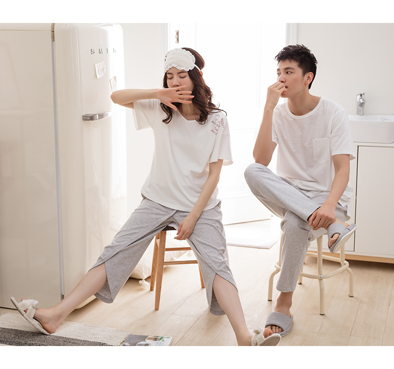 Jing Yun cotton mới vài bộ đồ ngủ mùa hè ngắn tay cotton nam phù hợp với đơn giản cổ tròn dịch vụ nhà phụ nữ có thể mặc - Cặp đôi bộ đồ the thao nữ hàng hiệu