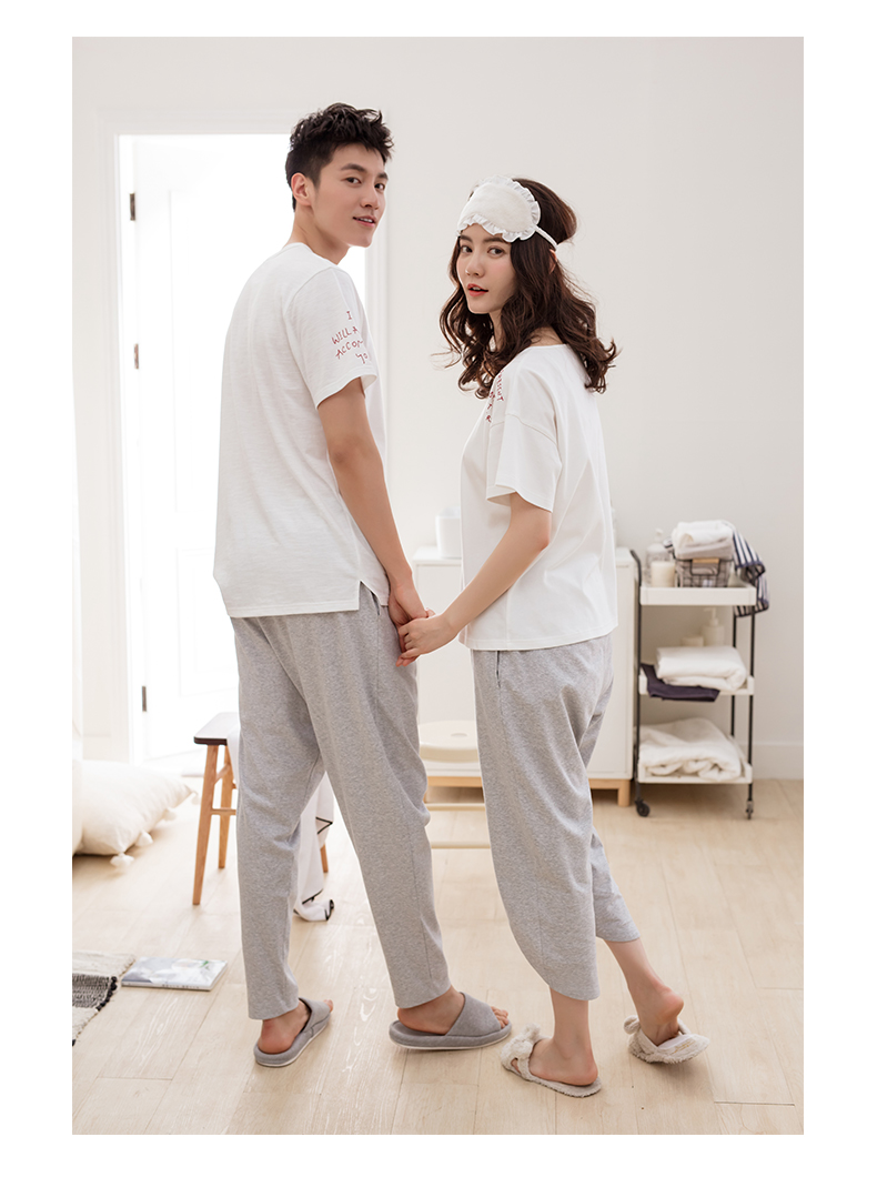 Jing Yun cotton mới vài bộ đồ ngủ mùa hè ngắn tay cotton nam phù hợp với đơn giản cổ tròn dịch vụ nhà phụ nữ có thể mặc - Cặp đôi bộ đồ the thao nữ hàng hiệu