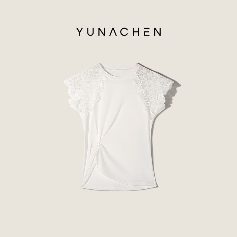 Pineapple Baby Yuna [Cloud White Shirt] Short-Sleeved T-Shirt for Women with Lace Sleeves, Round Neck, Versatile, Breathable and Comfortable