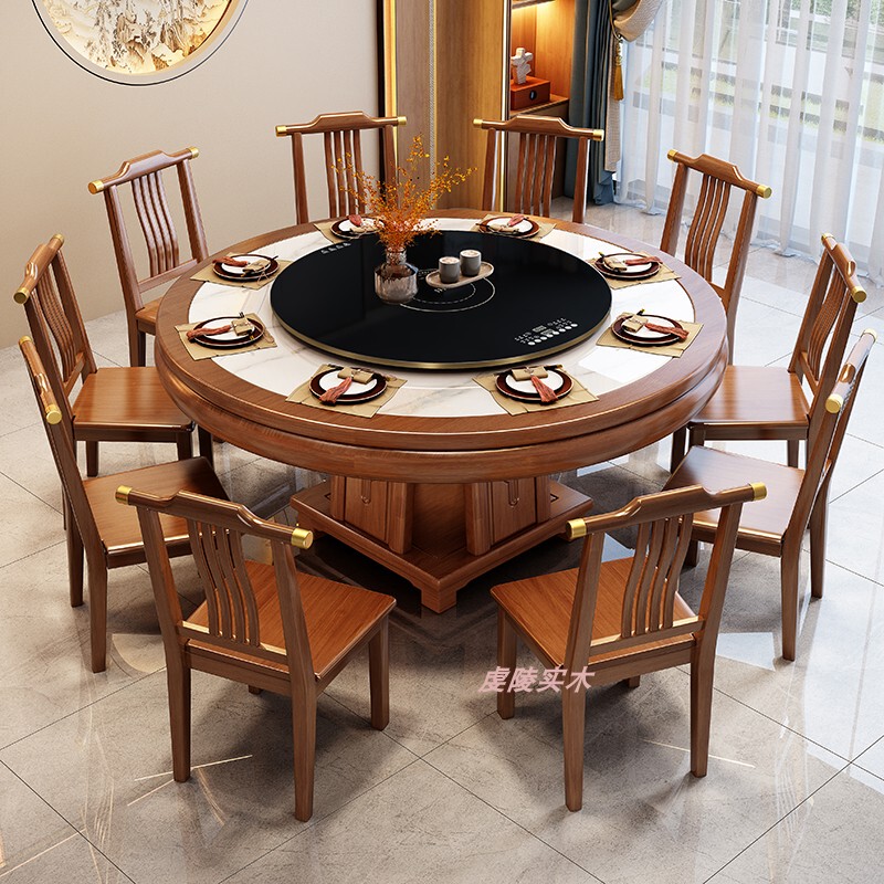 New Chinese-Style Anti-Scald Electric Warming Plate Turntable with Induction Cooker, Round Hotel and Home Use Scratch-Resistant Stone Plate Round Dining Table