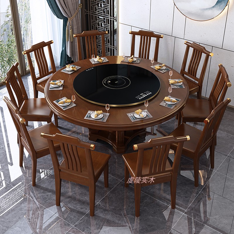 New Chinese-Style Solid Wood Round Dining Table and Chair Set with Electric Warming Plate and Turntable for Restaurant and Home Use, Large Round Table for Hot Pot New Chinese-Style Solid Wood Round Dining Table and Chair Set with Electric Warming Plate and Turntable for Restaurant and Home Use, Large Round Table for Hot Pot