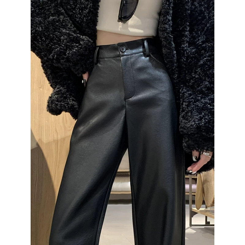 American-Style Black Pu Leather Wide-Leg Pants for Women, 2025 Autumn and Winter New High-End High-Waisted Slimming Suit-Style Straight-Leg Leather Pants