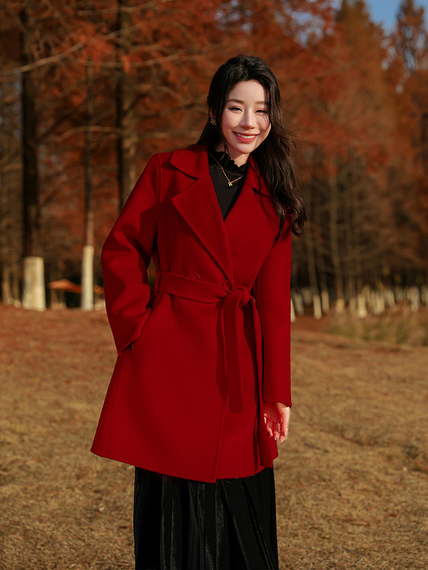 Red Double-Sided Cashmere Coat for Petite Women, Winter New Year Wedding Lace-Up Waist-Cinching Elegant Woolen Coat