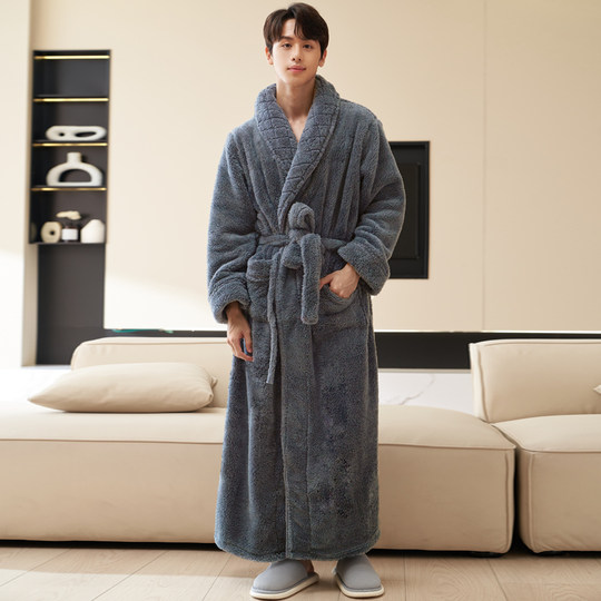 Double-sided thickened winter men's long nightgown robe with velvet
