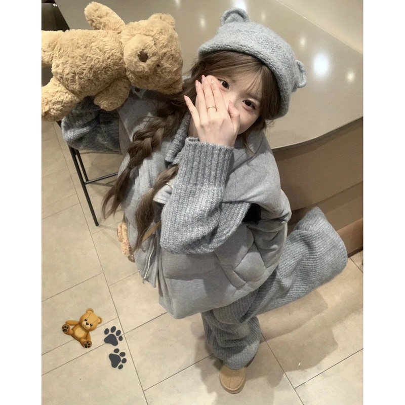 Korean Style Complete Winter Outfit for Women, Lazy Style Cotton Jacket, Vest, Layered Sweater, Knitted Wide-Leg Pants Three-Piece Set Korean Style Complete Winter Outfit for Women, Lazy Style Cotton Jacket, Vest, Layered Sweater, Knitted Wide-Leg Pants Three-Piece Set