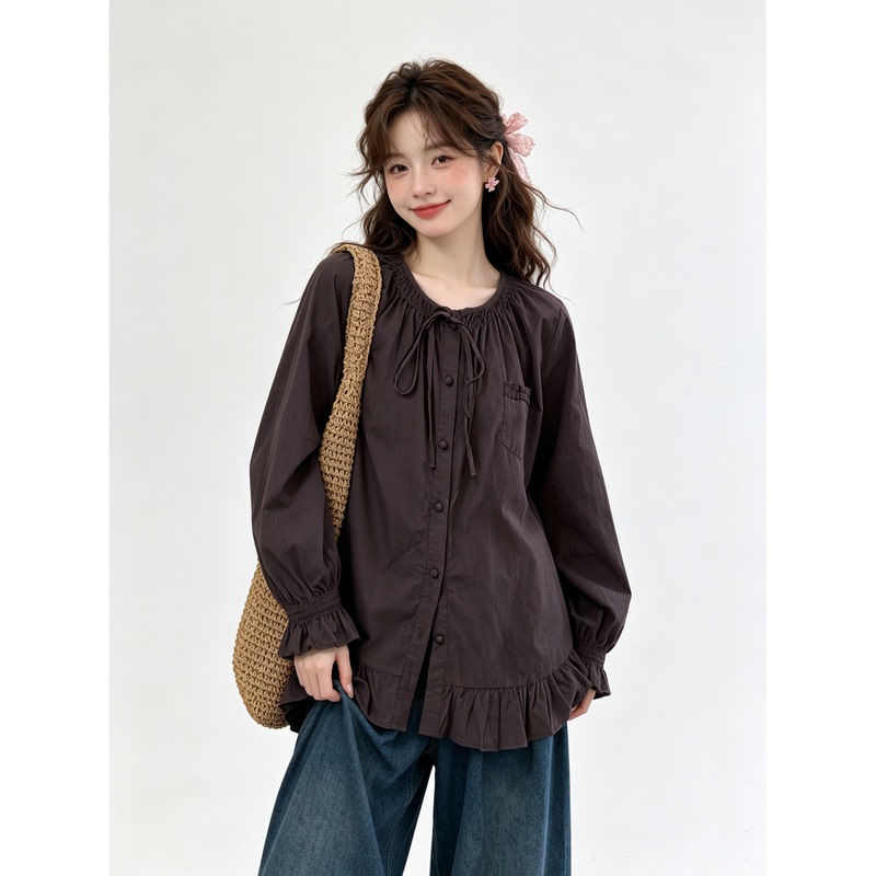 French Retro Ruffled Brown Long-Sleeved Shirt for Women Early Autumn 2026 New Design Loose Lace-Up Top