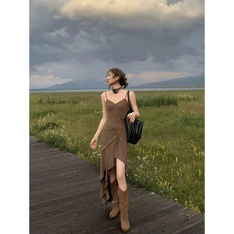 Meilade Chestnut Coffee Ruffled Strap Dress for Women, Spring and Autumn 2026 New Design, Irregular Patchwork Long Dress Meilade Chestnut Coffee Ruffled Strap Dress for Women, Spring and Autumn 2026 New Design, Irregular Patchwork Long Dress