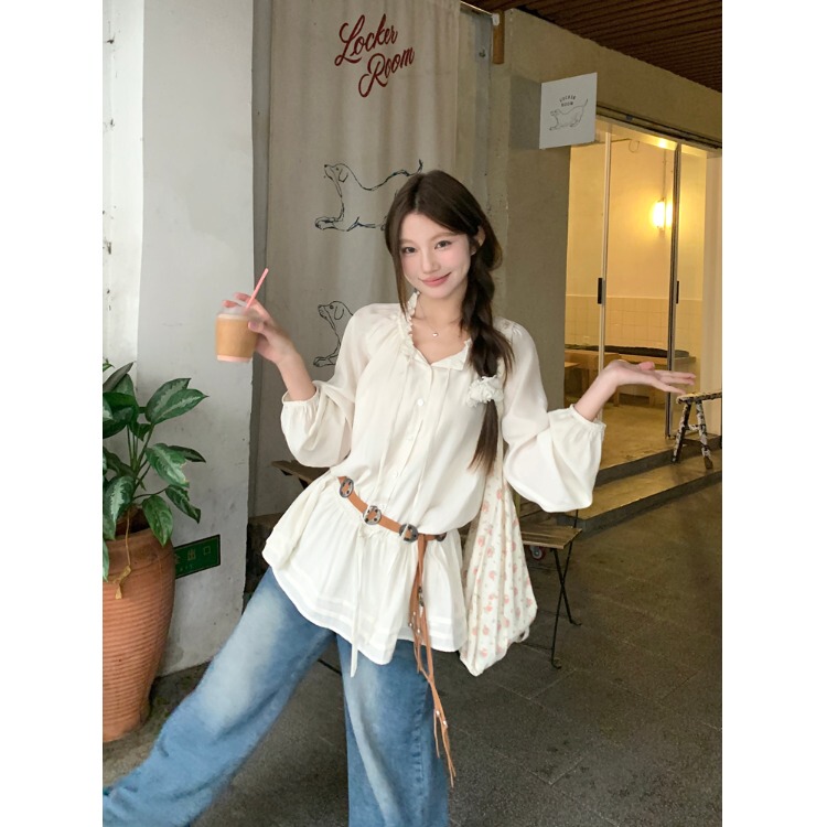 Sweet Style Apricot Lace-Up Long-Sleeved Shirt for Women, Early Autumn Elegant Waist-Cinching Slimming and Stunning Top Sweet Style Apricot Lace-Up Long-Sleeved Shirt for Women, Early Autumn Elegant Waist-Cinching Slimming and Stunning Top