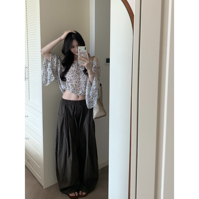 French-Style Star Polka Dot Off-Shoulder Shirt for Women, Summer Elegant Off-Shoulder Design, Short Lace-Up Long-Sleeve Top French-Style Star Polka Dot Off-Shoulder Shirt for Women, Summer Elegant Off-Shoulder Design, Short Lace-Up Long-Sleeve Top