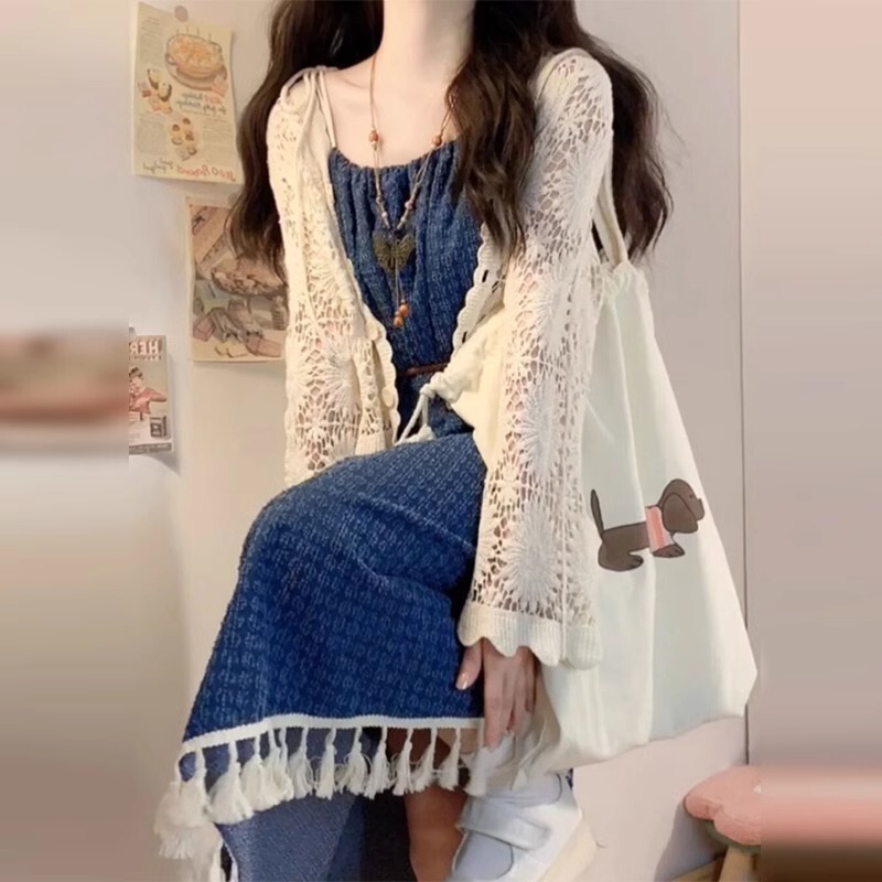 Bohemian Ethnic Style Suit for Women, Early Autumn, Yunnan Dali Sun Protection Blouse, Denim Suspender Dress, Two-Piece Set