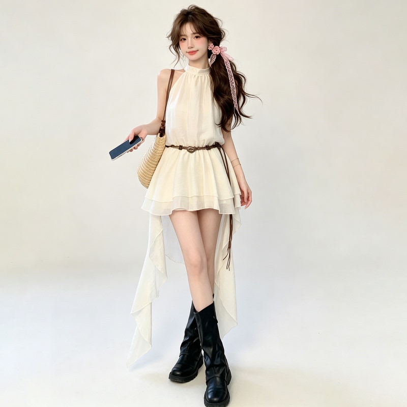 French-Style Irregular Halter Neck Dress for Women, Summer Vacation Style, Design-Focused, Waist-Cinching, Slimming, Sleeveless, Off-Shoulder Long Dress