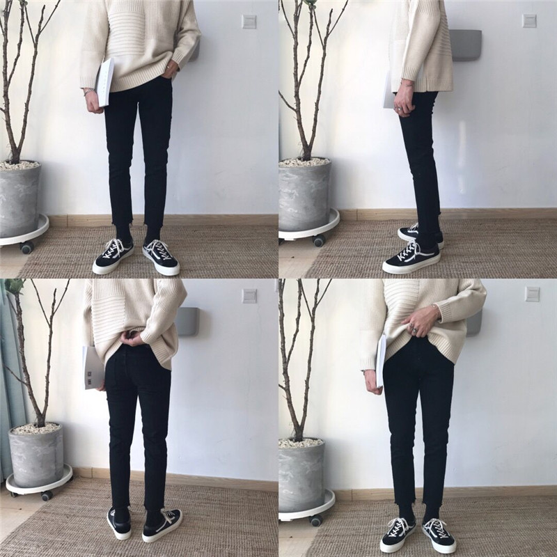 NM/一条可以搭配所有衣服 纯黑色毛边修身小脚九分厚牛仔裤潮男女