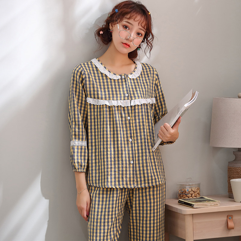 Plaid pajamas ladies spring and autumn cotton long sleeve cardigan suit Korean ins simple student home clothes can be worn outside