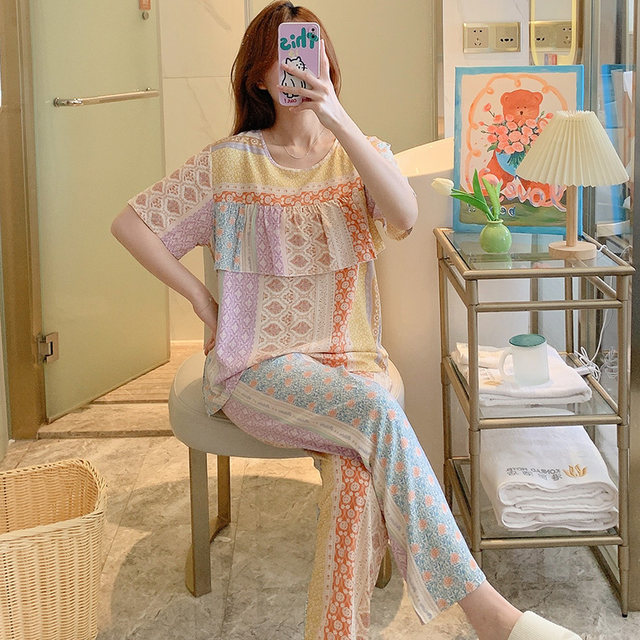 Pyjamas ສໍາລັບແມ່ຍິງ summer ຕ້ານການຕໍາ, ແຂນສັ້ນຝ້າຍຜ້າໄຫມເຮືອນເຄື່ອງນຸ່ງຫົ່ມຫວານ bohemian ນຸ່ງເສື້ອທີ່ບໍ່ມີ underwear ຝ້າຍໄຫມຊຸດບາງໆ