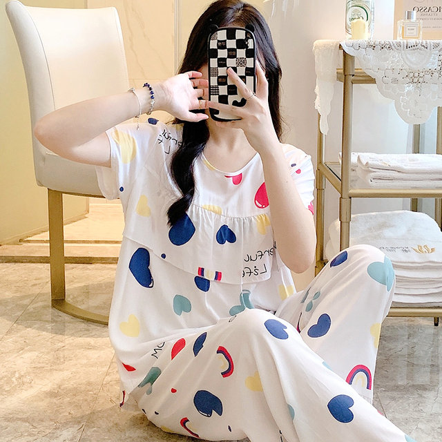 2024 New Cotton Silk Pajamas Women's Summer Thin Short-Sleeved Pants Set Loose Korean Style Fresh Anti-Bump Home Clothing