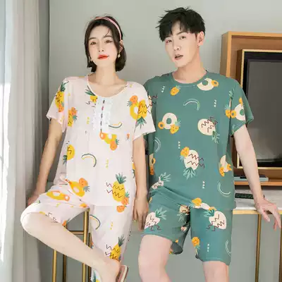 Short-sleeved couple pajamas cute summer large size cotton silk suit men and women cotton cotton artificial cotton thin home clothes