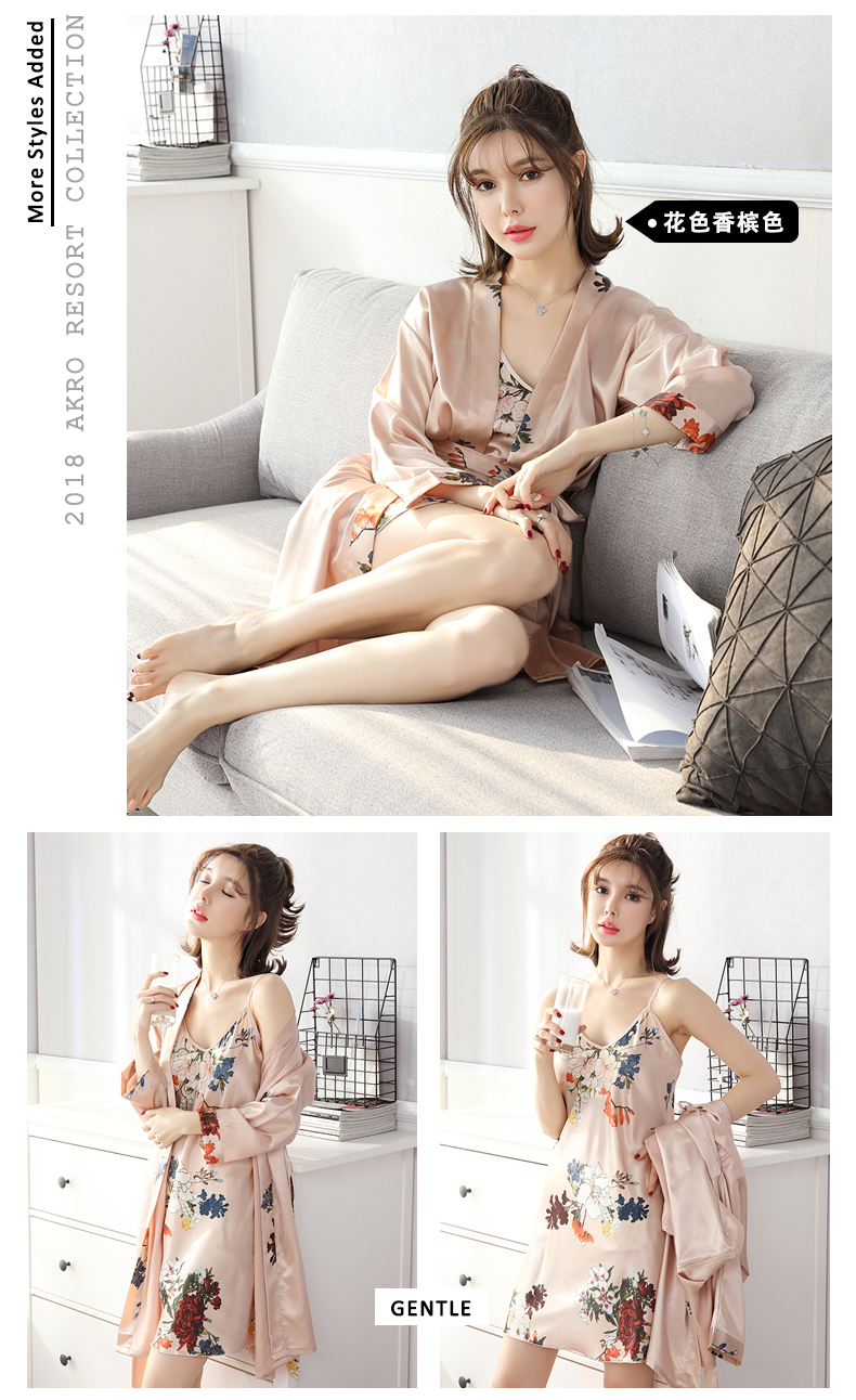 Đồ ngủ mùa hè của phụ nữ ngắn tay sexy băng lụa sling trong nightdress ren áo choàng mùa xuân và mùa thu mô phỏng lụa hai mảnh