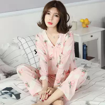 Spring and summer cotton pajamas female cute long-sleeved cotton silk artificial cotton suit home clothes thin air conditioning clothes large size