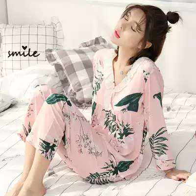 Korean pajamas women's spring and summer woven cotton cotton suit long-sleeved pure cotton silk thin artificial cotton home clothes large size