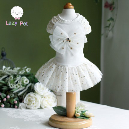 『Lazy Pet』Korea Pet Cat and Dog Clothes Beaded Bowknot Gold Foil Mesh Princess Dress