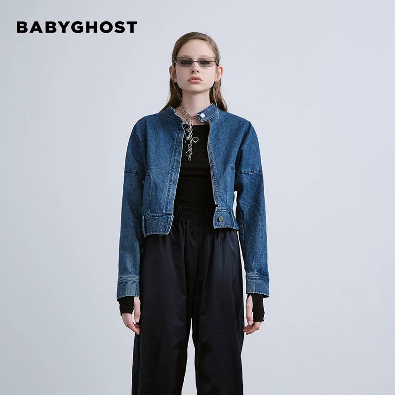 BABYGHOST thương hiệu thiết kế ban đầu của phụ nữ áo khoác ngắn denim màu xanh da trời mùa thu thời trang của phụ nữ xu hướng mới - Áo khoác ngắn