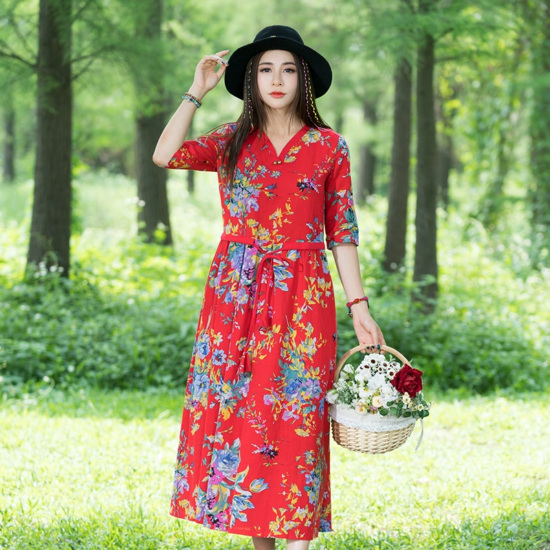 Phong cách dân tộc cộng với kích thước của phụ nữ 2021 mùa xuân và mùa hè mới cotton và vải lanh in váy rời nghỉ dưỡng nghệ thuật váy dài - Váy dài