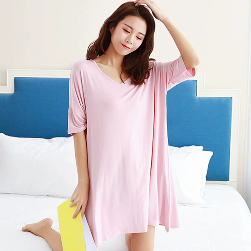 Modal cotton ngắn tay áo sơ mi ngủ mùa hè giản dị hoang dã lỏng lẻo phần lớn kích thước lớn 200 catties đồ ngủ phụ nữ béo mm - Đêm đầm